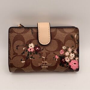 Coach Signature Floral Canvas Medium Corner Zip Wallet Brown Pink EUC